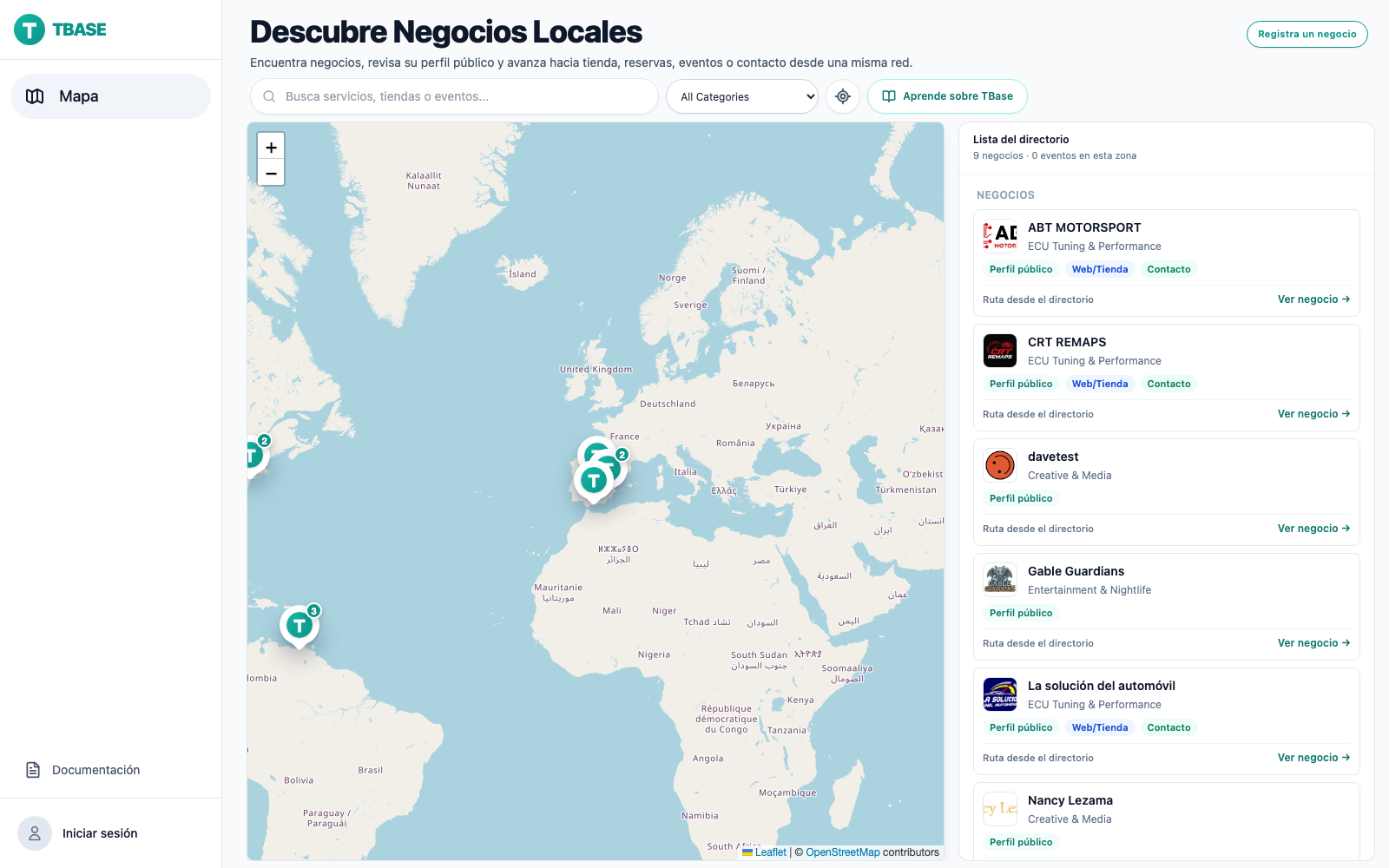 Captura real del directorio TBase Store con mapa, listado de negocios, perfil público, Web/Tienda y contacto
