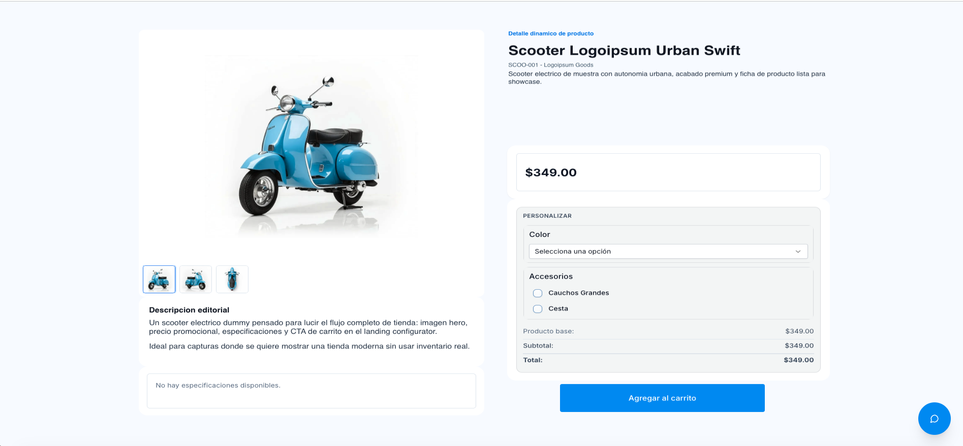 Captura real de una ficha de producto en TBase con galería, customizaciones, subtotal, total y botón de agregar al carrito