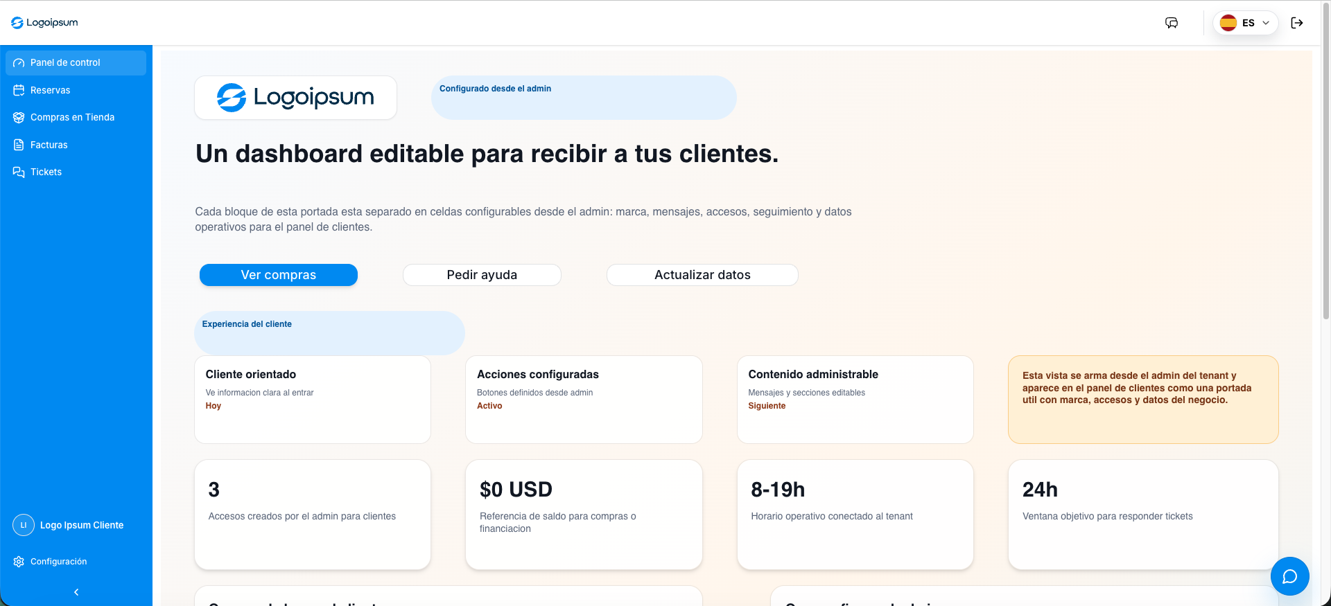 Captura real del dashboard editable dentro del panel privado para clientes del tenant TBase Go