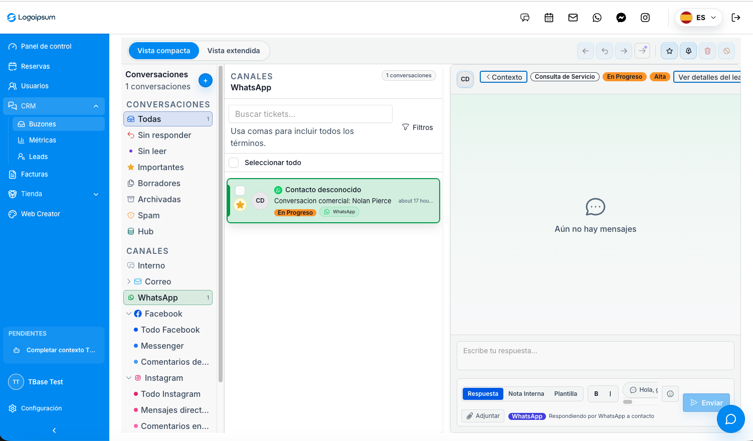 Captura real del CRM multicanal de TBase con buzones, filtros, canales, conversación, contexto, estado y compositor de respuesta