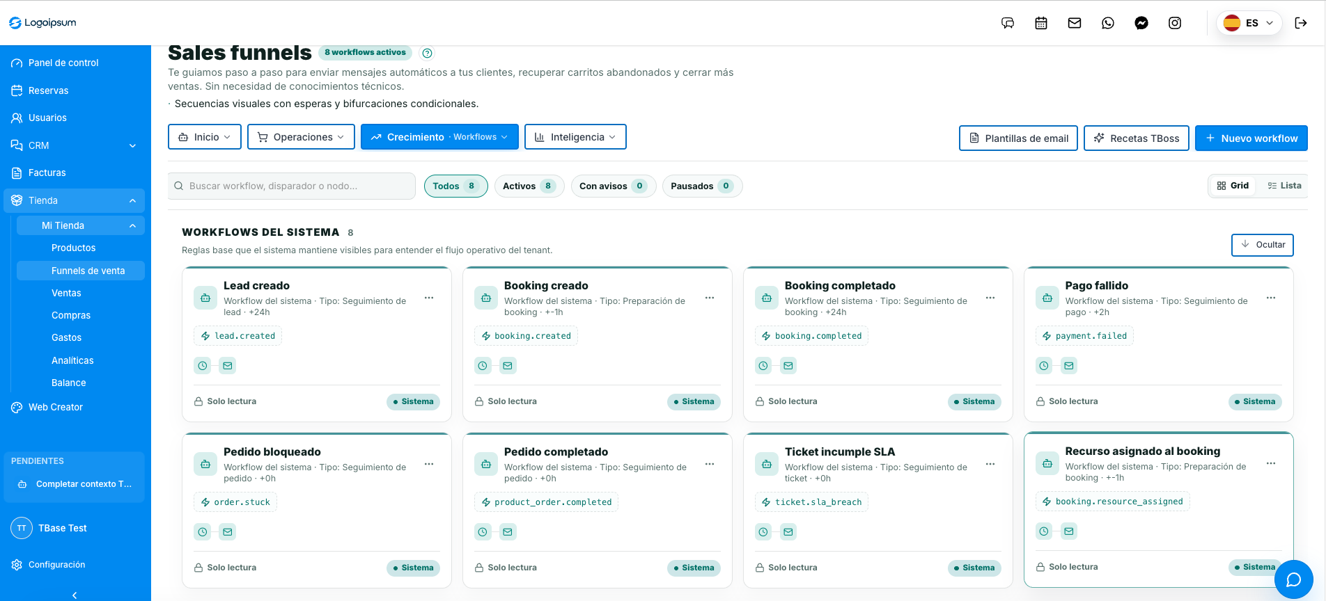 Vista de Sales funnels en TBase con workflows activos, recetas TBoss, filtros, eventos del sistema y automatizaciones comerciales