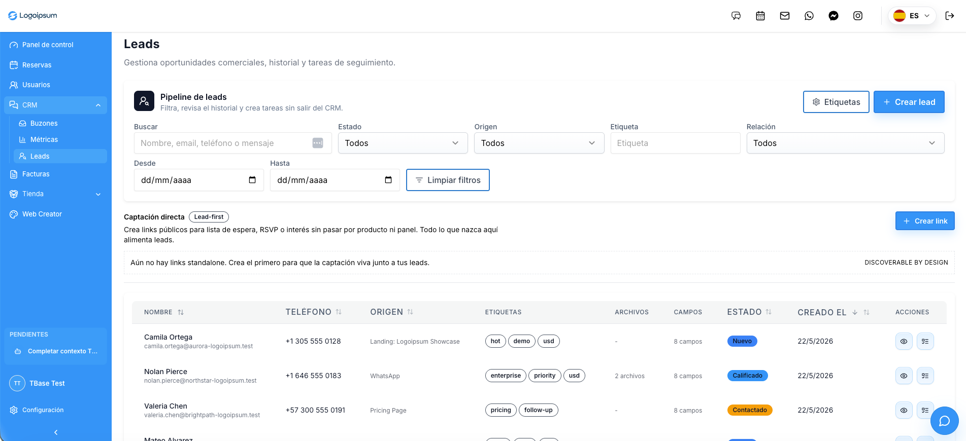 Captura real del panel CRM Leads de TBase con filtros, captación directa, tabla de prospectos y acciones de seguimiento