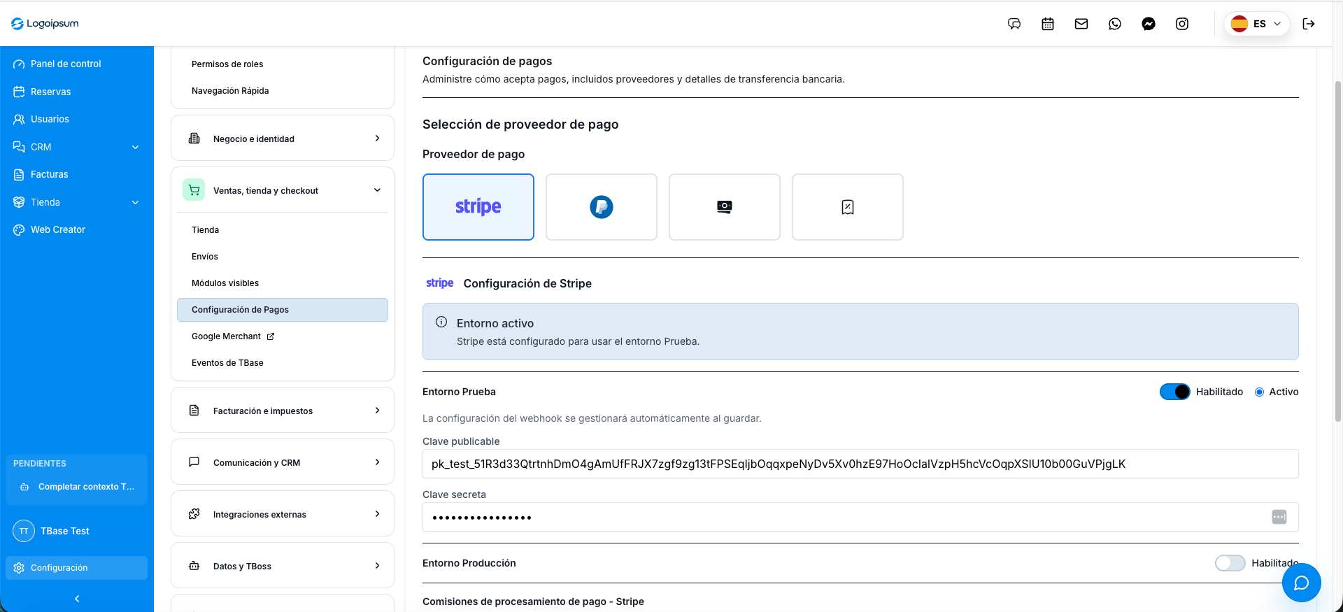 Captura real de la configuración de pagos de TBase con selección de proveedor y credenciales por entorno