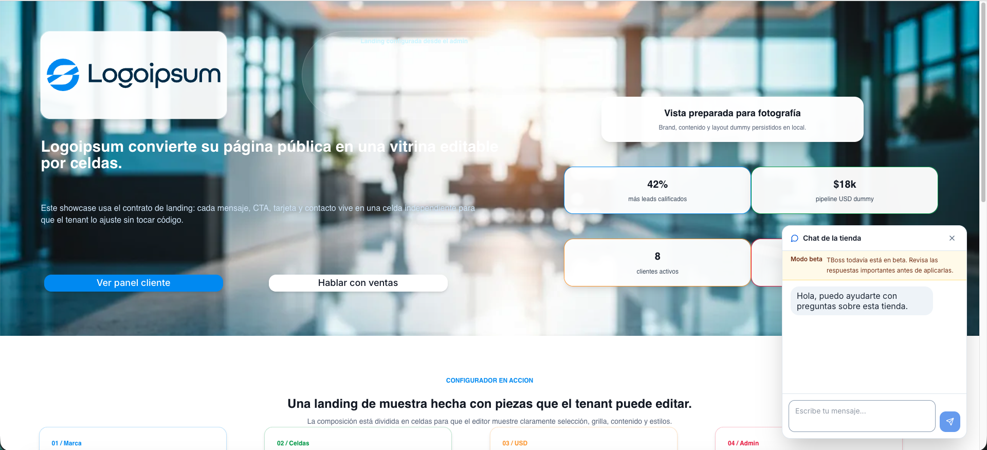 Captura real de una landing de TBase con TBoss en modo público como chat flotante para visitantes