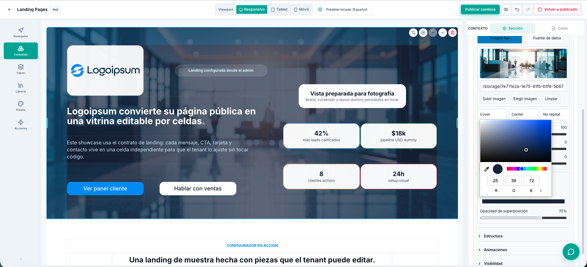 Captura real del Web Creator de TBase editando una landing por secciones y celdas en el tenant TBase Go