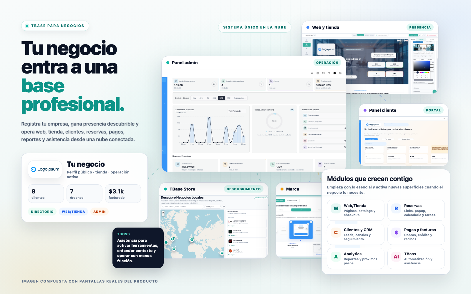Composición visual de un negocio con marca propia operando panel admin, web, tienda, directorio, panel cliente y módulos de TBase