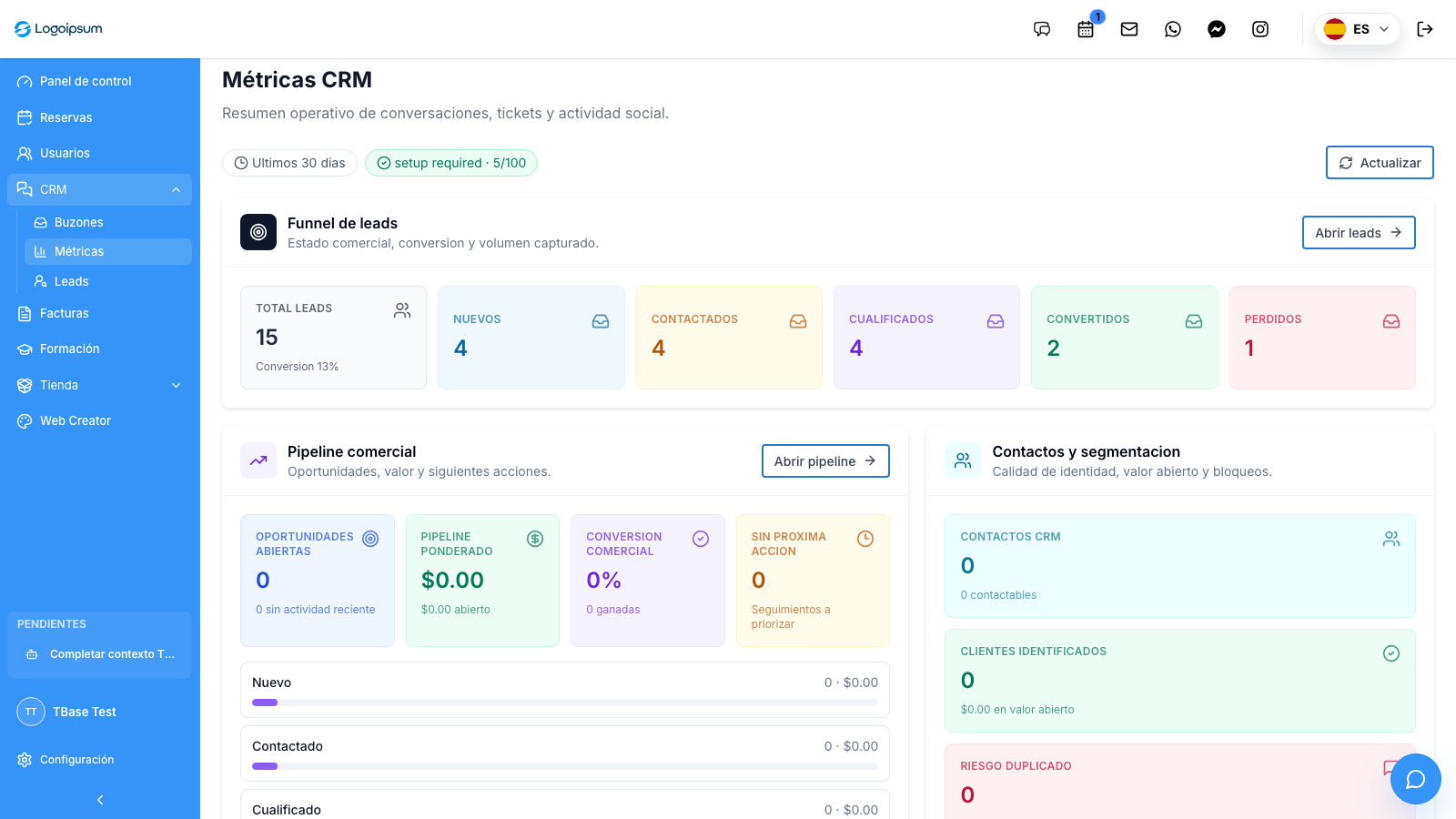 Captura real de métricas CRM del tenant TBase Test con lecturas de actividad, conversión, pipeline y segmentación