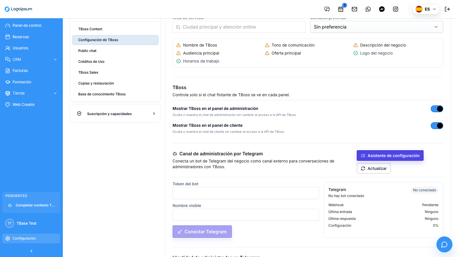 Captura real de la configuración de TBoss del tenant TBase Test con visibilidad del asistente en panel admin, panel cliente y acceso a chat público