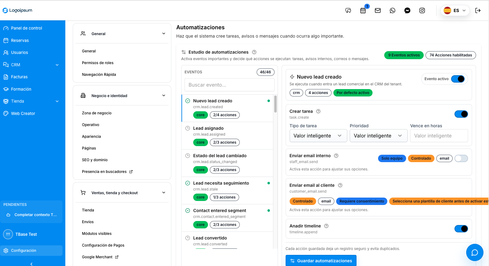 Captura real de workflows automatizados del tenant TBase Test con disparadores, esperas, acciones y eventos del sistema