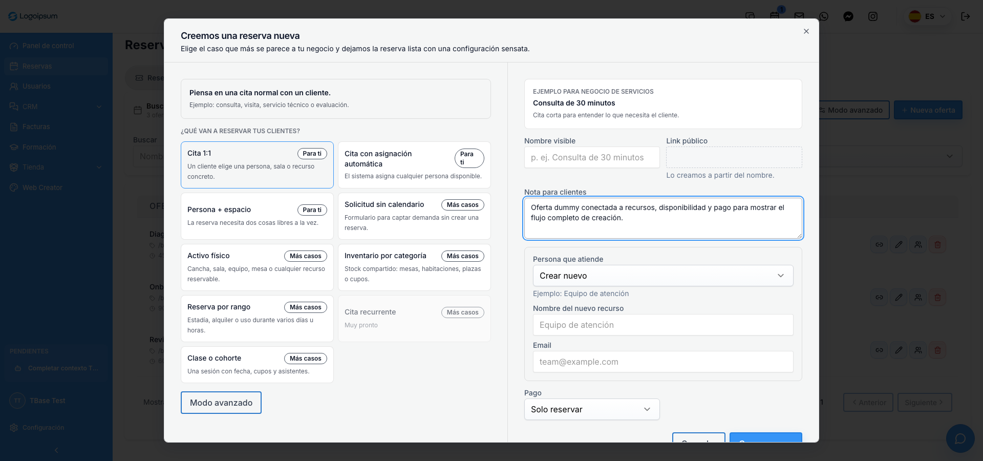 Captura real de la configuración de ofertas reservables de TBase con casos predefinidos, recursos, link público, nota para clientes y reglas de pago