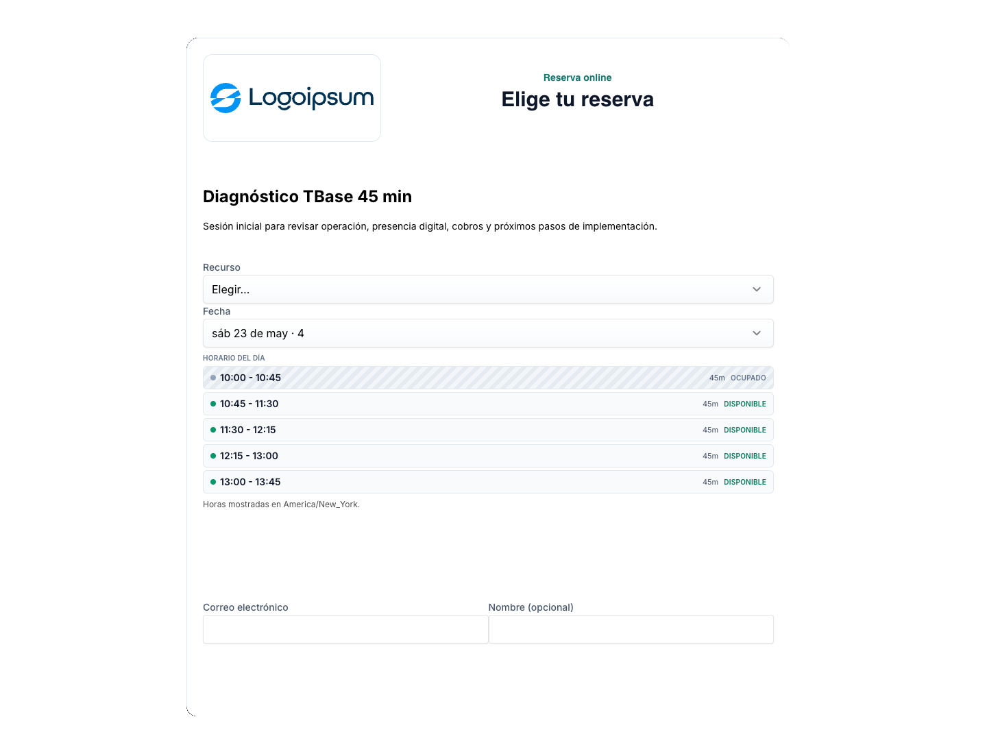 Captura real del popup público de reservas de TBase con encabezado configurable, horarios disponibles, datos del cliente y oferta del tenant TBase Test