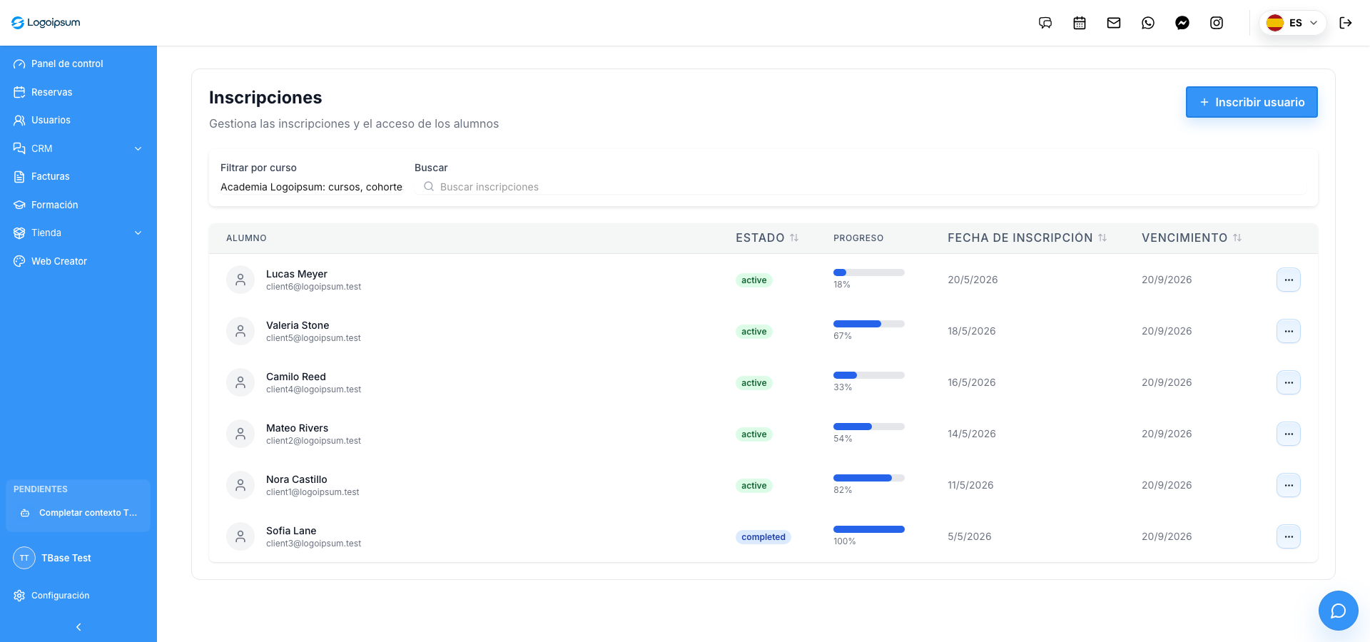 Captura real del panel de inscripciones del tenant TBase Test con alumnos, estados y progreso por curso