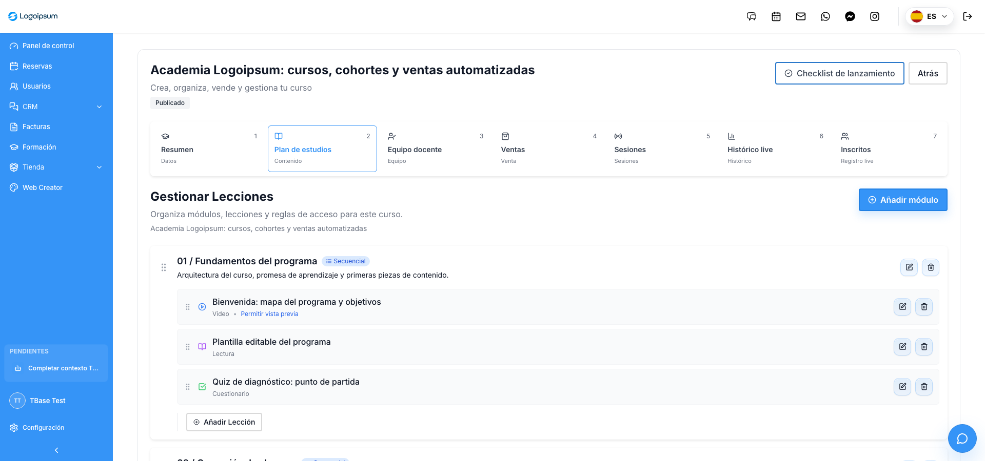 Captura real del constructor de cursos del tenant TBase Test con módulos, lecciones y quiz