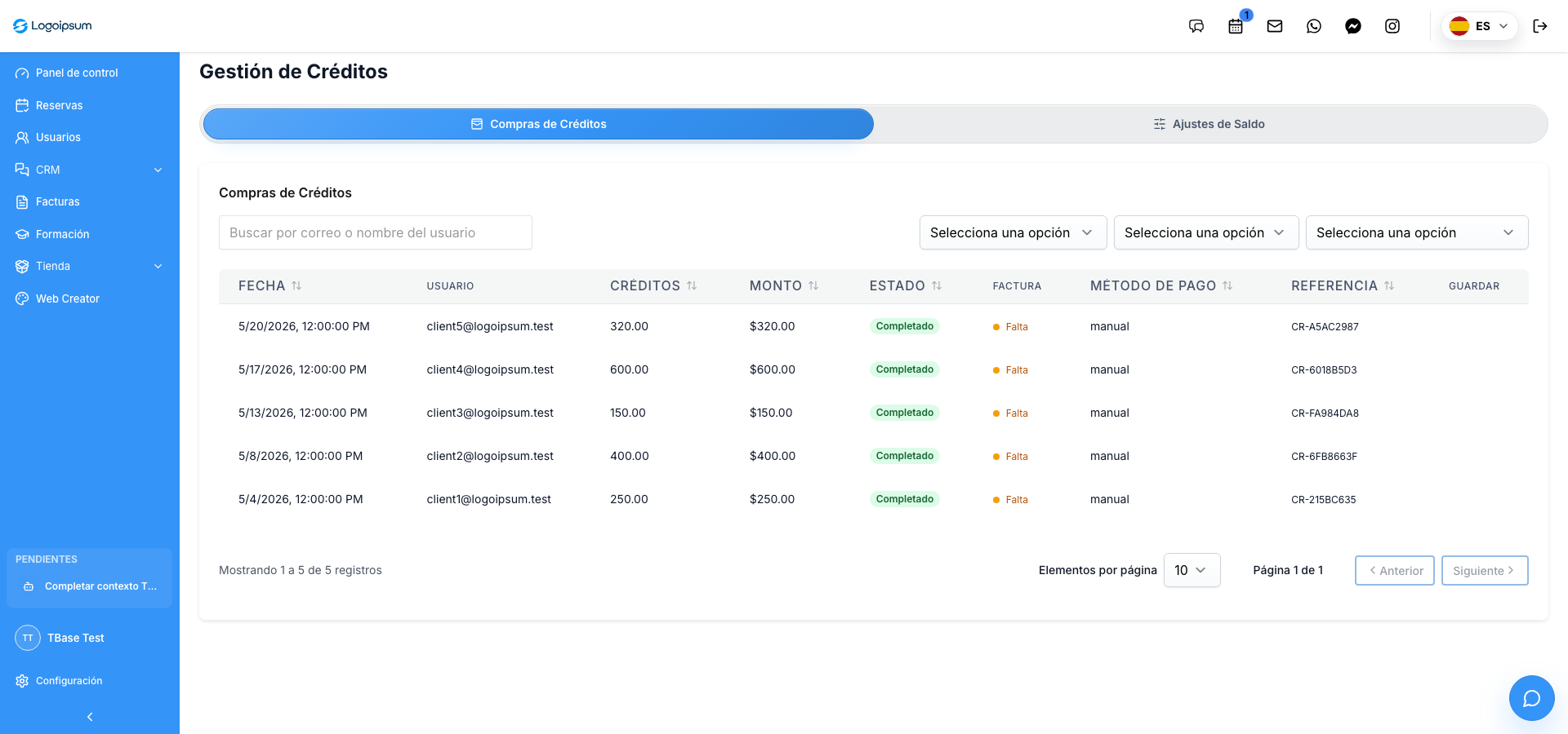 Captura real del panel de créditos del tenant TBase Test con compras, saldos, estados, facturas y métodos de pago