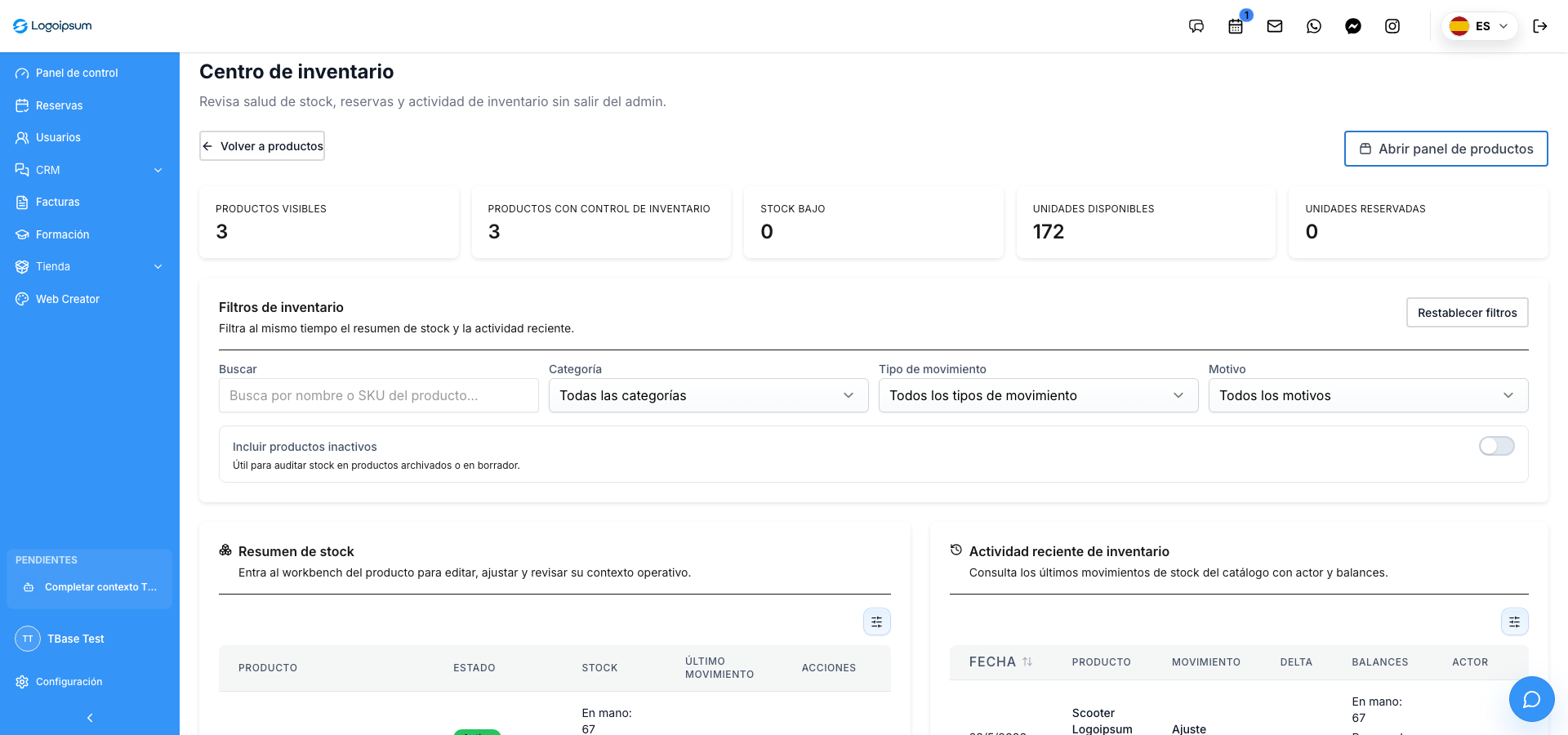 Captura real del centro de inventario del tenant TBase Test con stock disponible, productos controlados, filtros y actividad reciente