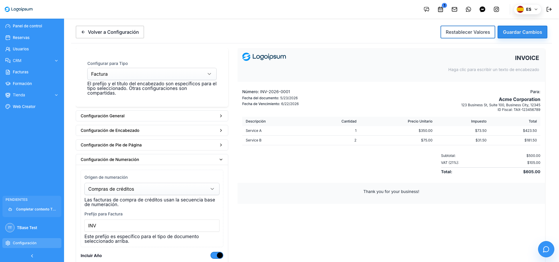 Captura real del configurador de facturación del tenant TBase Test con numeración, documento, impuestos y vista previa de factura