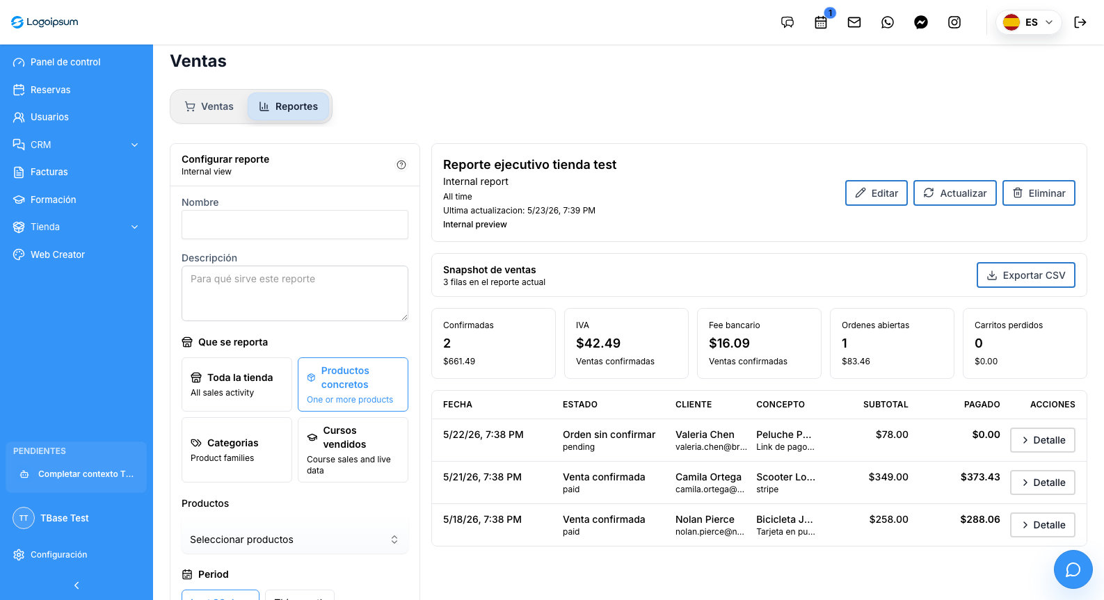 Captura real de informes de funnel del tenant TBase Test con monitor de conversión, pipeline, recuperación, automatizaciones y checklist operativo