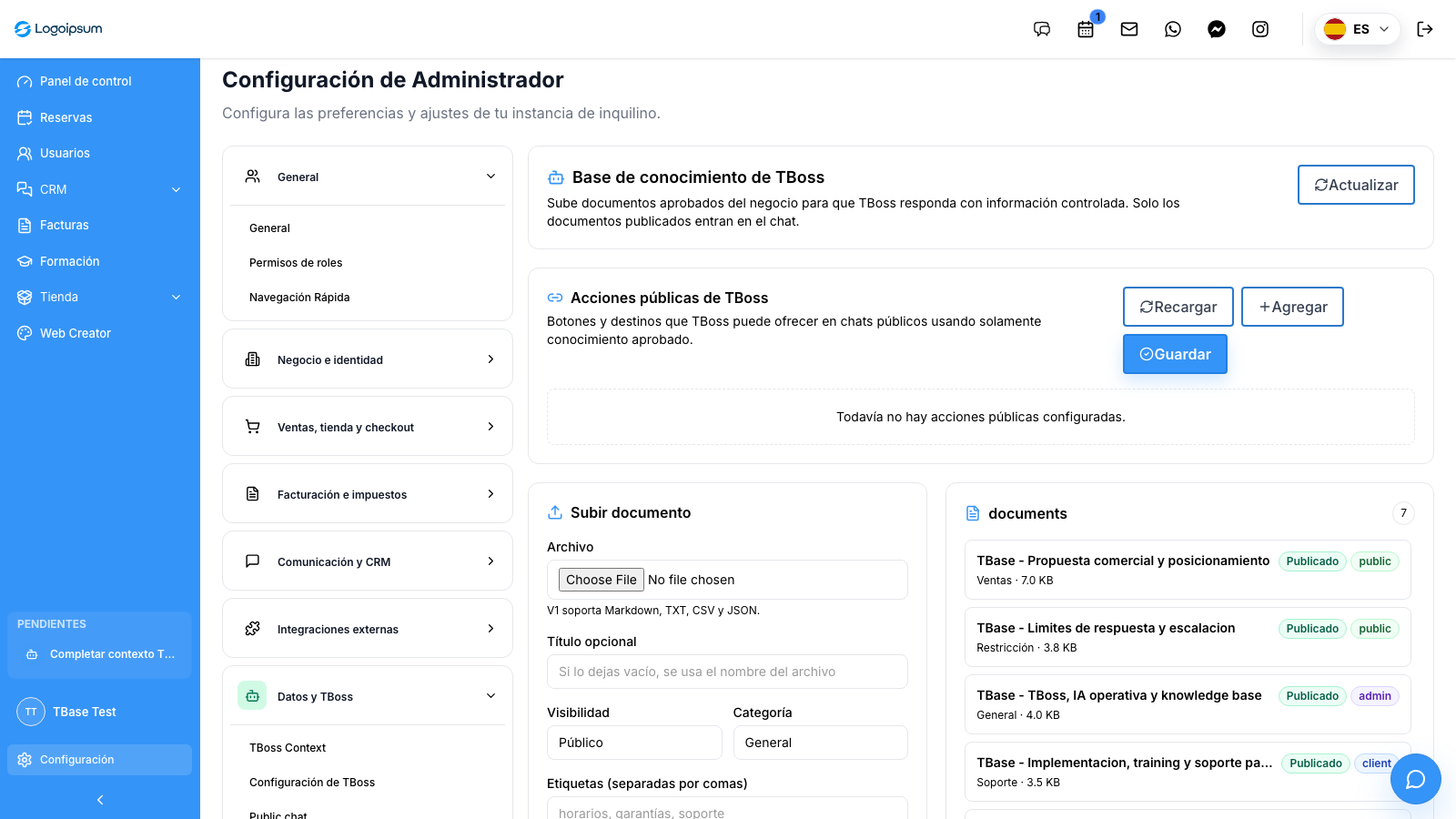 Captura real de la base de conocimiento de TBoss del tenant TBase Test con documentos publicados, visibilidad por superficie y acciones públicas aprobadas
